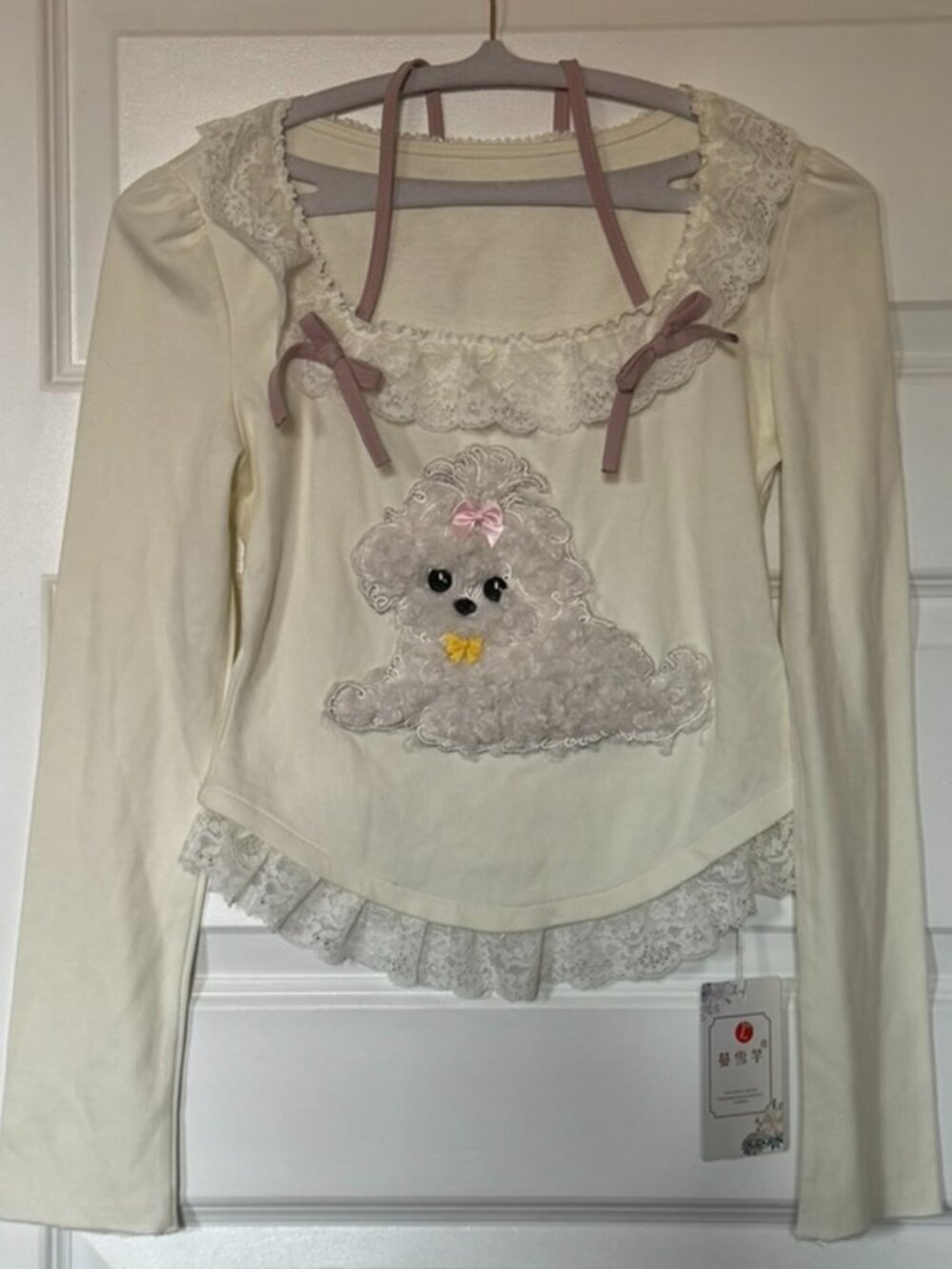 Coquette Lace Puppy Top Kawaii Balletcore Cream Long Sleeve Bow Detail Sz L NWT